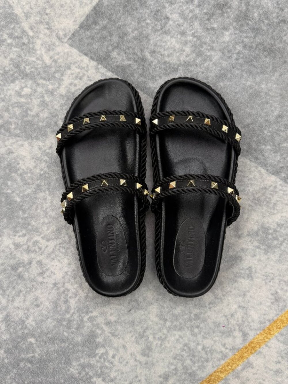 Women's Black Studded Slide Sandals, Gold Pyramid Stud Flat Sandals - Picture 5 of 11